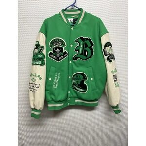 H&M Varsity Jacket Mens Large Green Cream Embroidered Patch Football Activewear